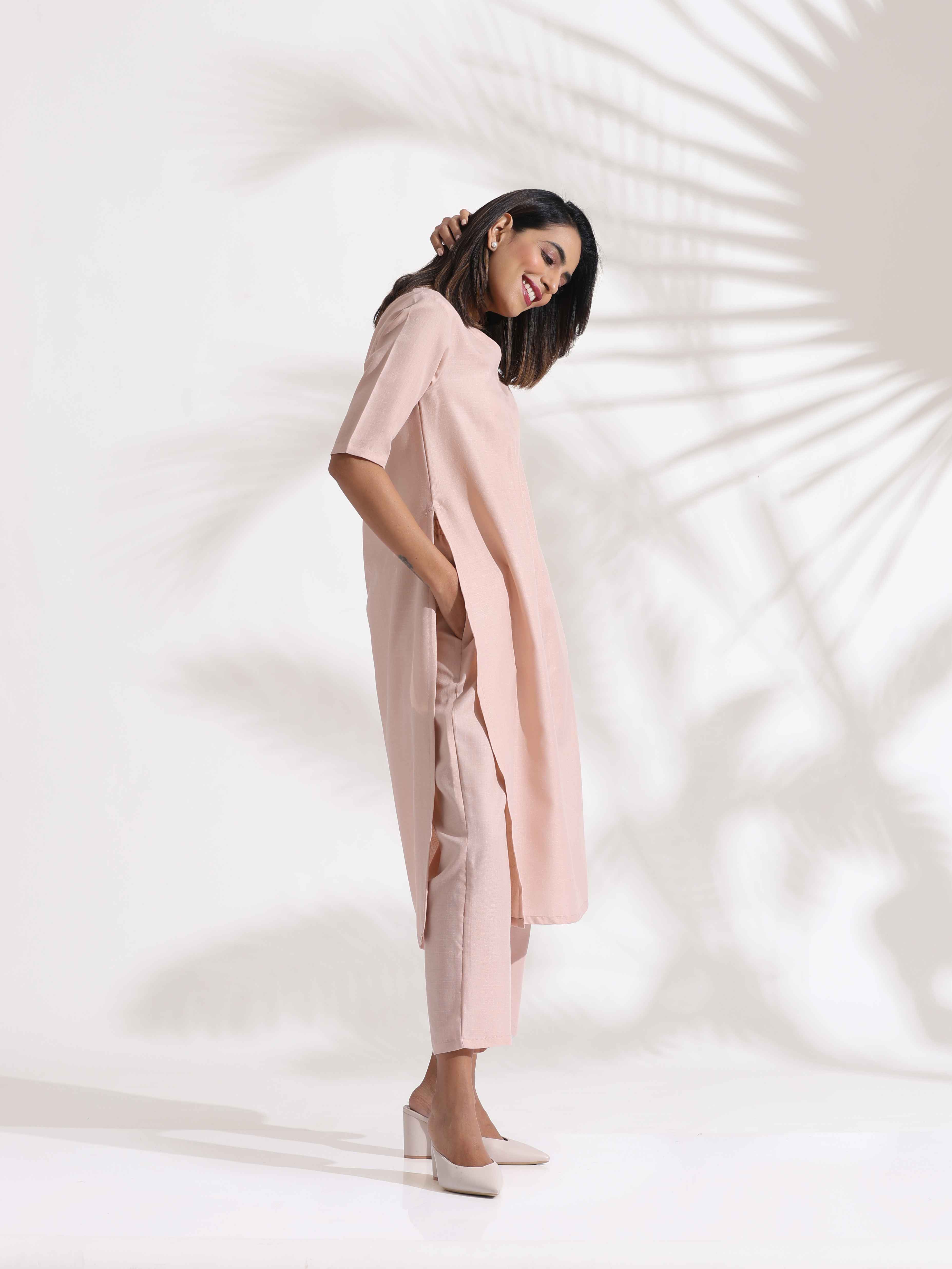 trueBrowns Light Pink Slub Kurta Set - Distacart