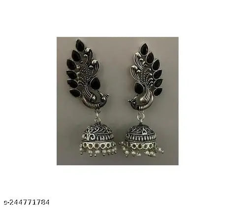 Tehzeeb Creations Women's Oxidised Necklace And Earring With Black Beads And Pearl