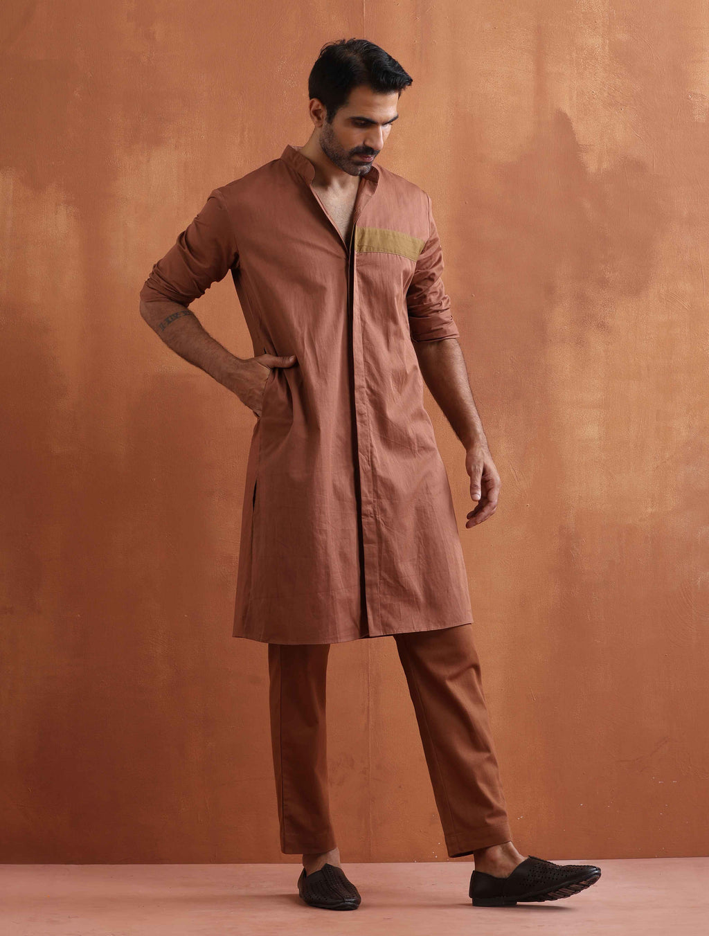 trueBrowns Men's Brown Cotton Front Open Kurta