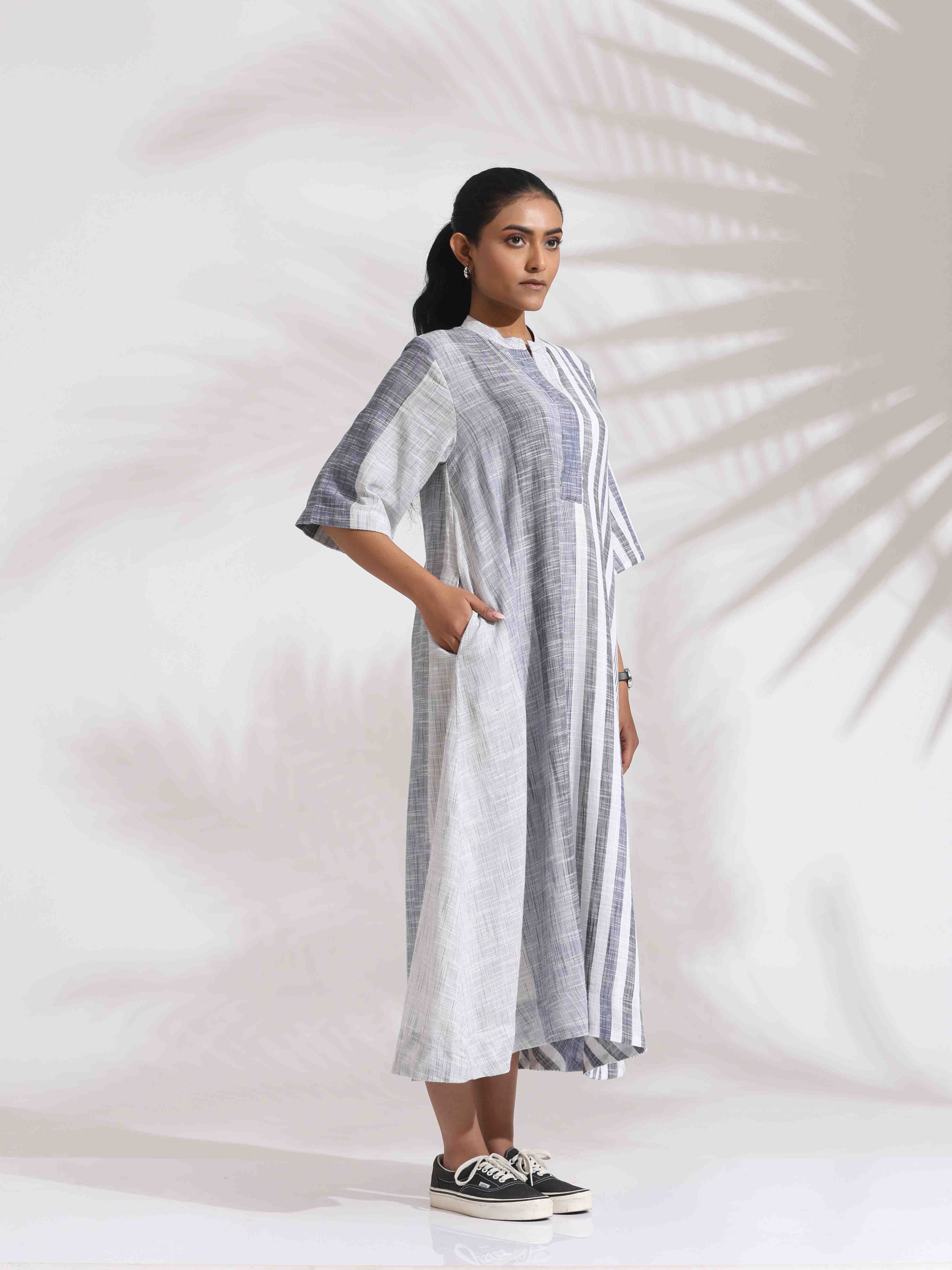 trueBrowns Off-White Cotton Multi Stripe Flared Dress - Distacart