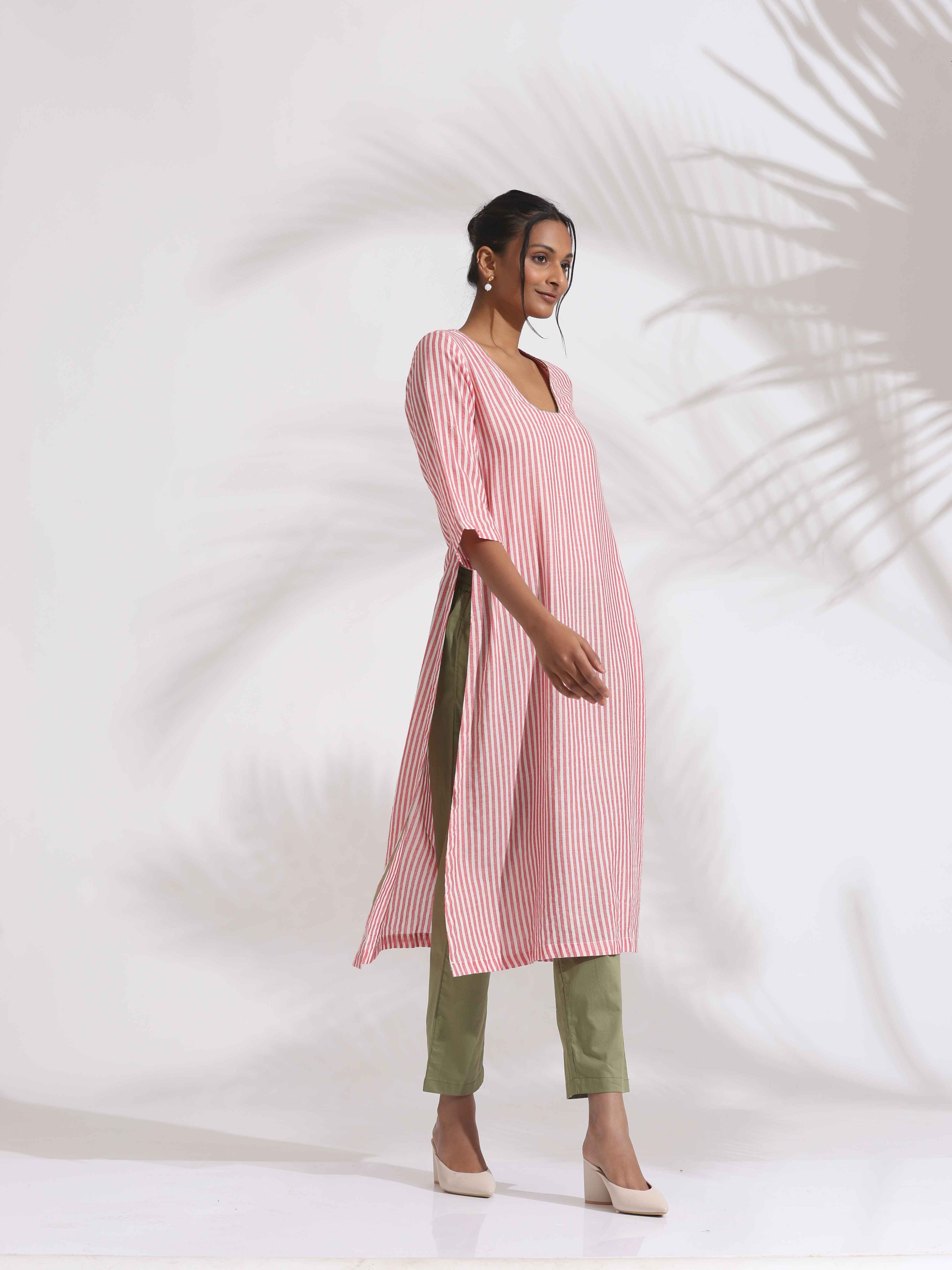 trueBrowns Red Cotton Stripe Straight Kurta Set - Distacart