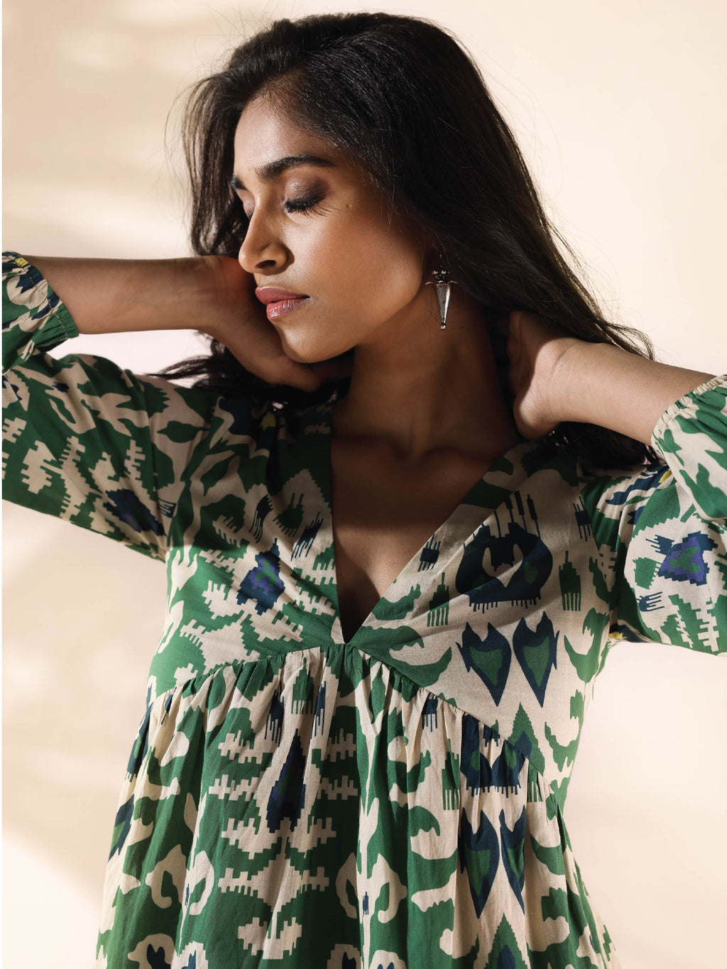 trueBrowns Green Cotton Ikat Flared Dress - Distacart