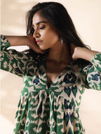 trueBrowns Green Cotton Ikat Flared Dress - Distacart