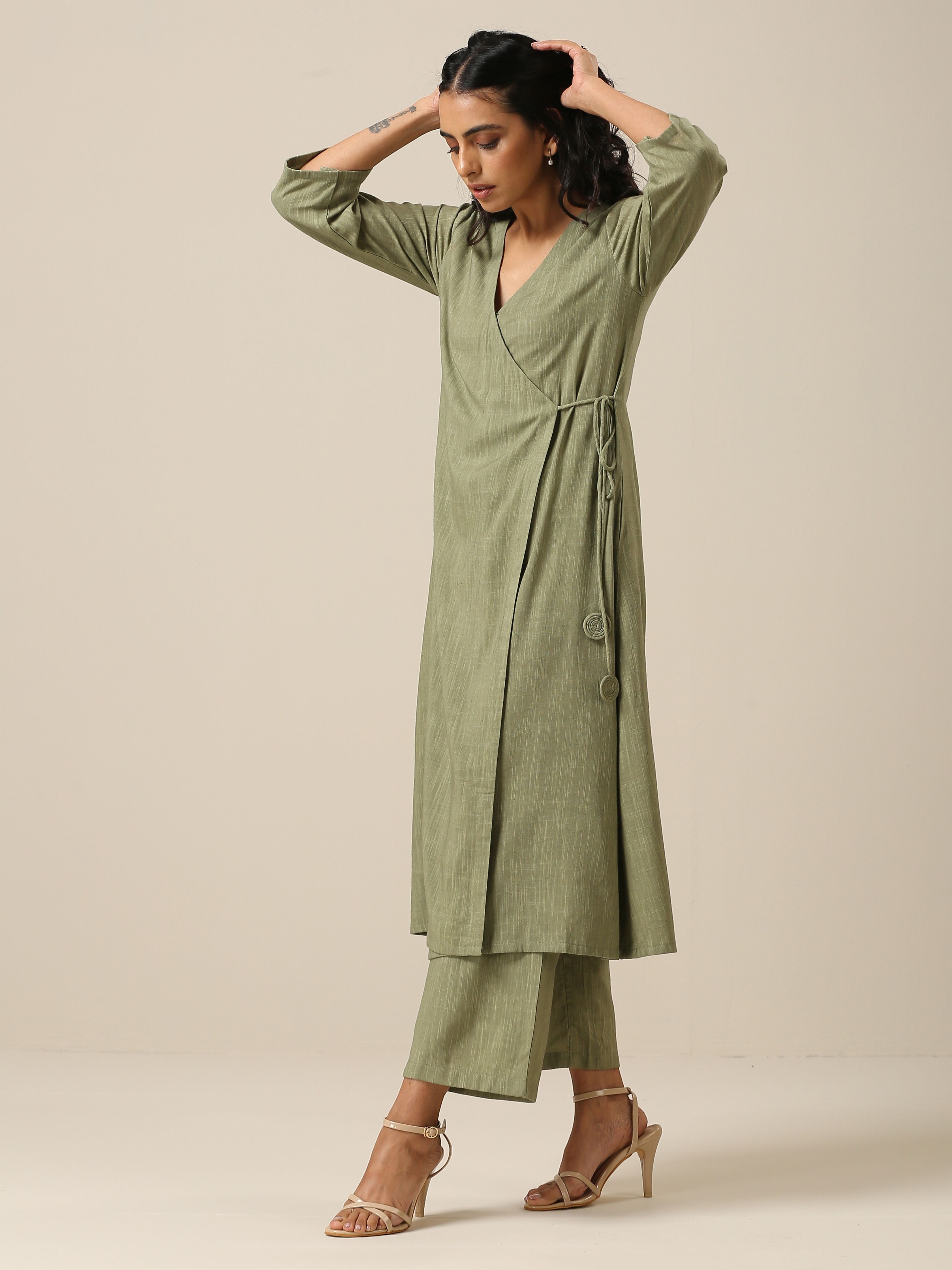 trueBrowns Sage Slub Texture Angrakha Pant Set | Relove - Distacart