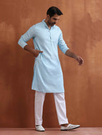 trueBrowns Men's Blue Sequin Chanderi Kurta