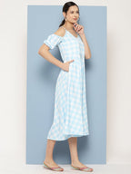Ahalyaa Checked Cold-Shoulder Sleeves Midi Empire Ethnic Dress - Distacart