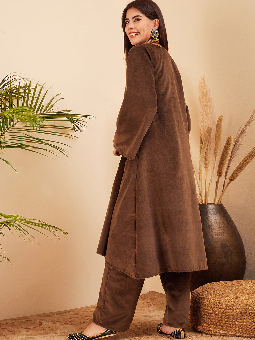 InWeave Women's Brown V Neck Asymmetrical Pleated Velvet Kurta Set