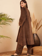 InWeave Women's Brown V Neck Asymmetrical Pleated Velvet Kurta Set