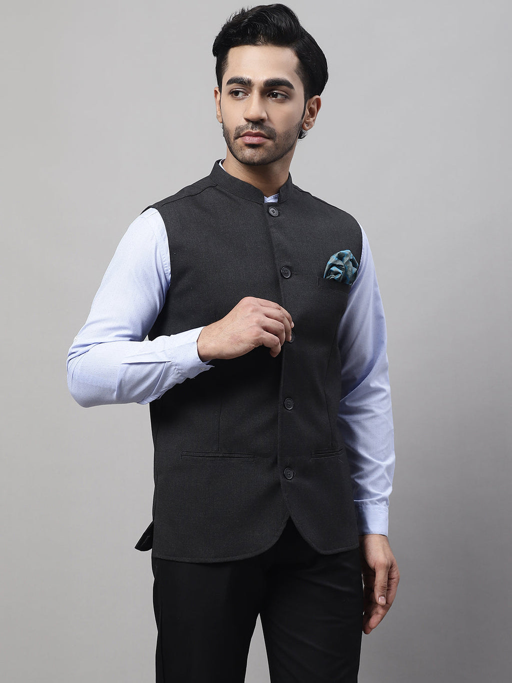 Even Apparels Men's Grey Nehru Jacket With Welt Pockets