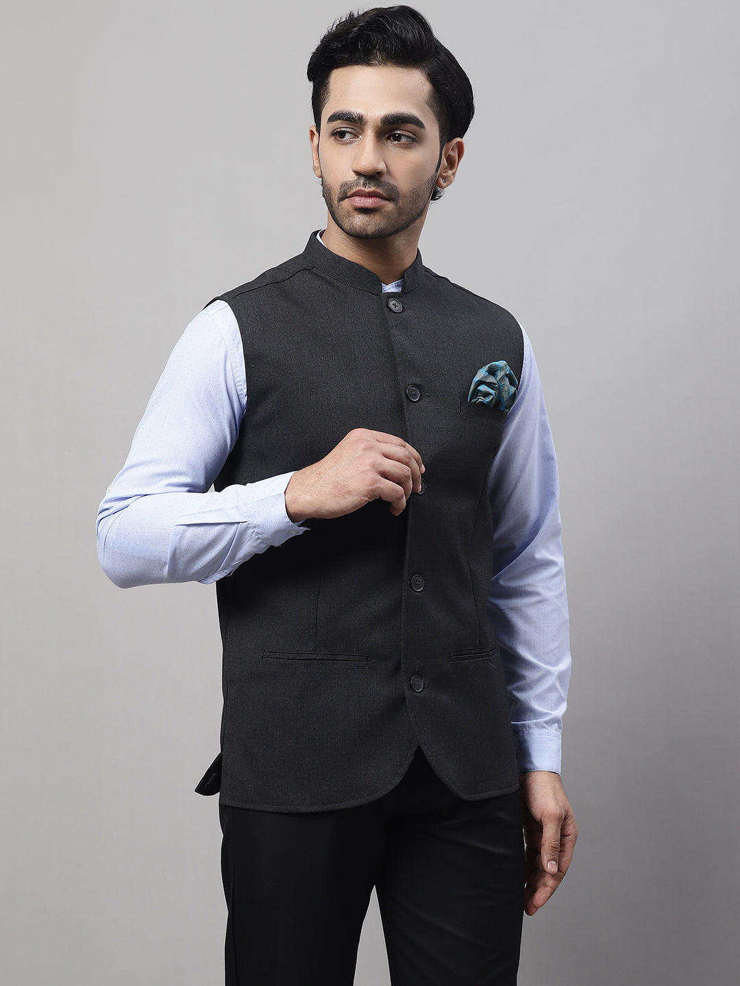 Even Apparels Men's Grey Nehru Jacket With Welt Pockets