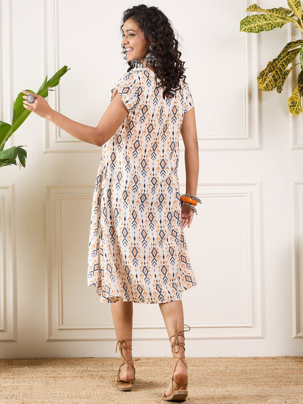 InWeave Off White Orange Black Ikkat Print Round Neck Aline Dress - Distacart