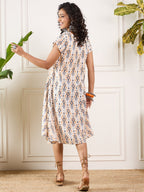 InWeave Off White Orange Black Ikkat Print Round Neck Aline Dress - Distacart