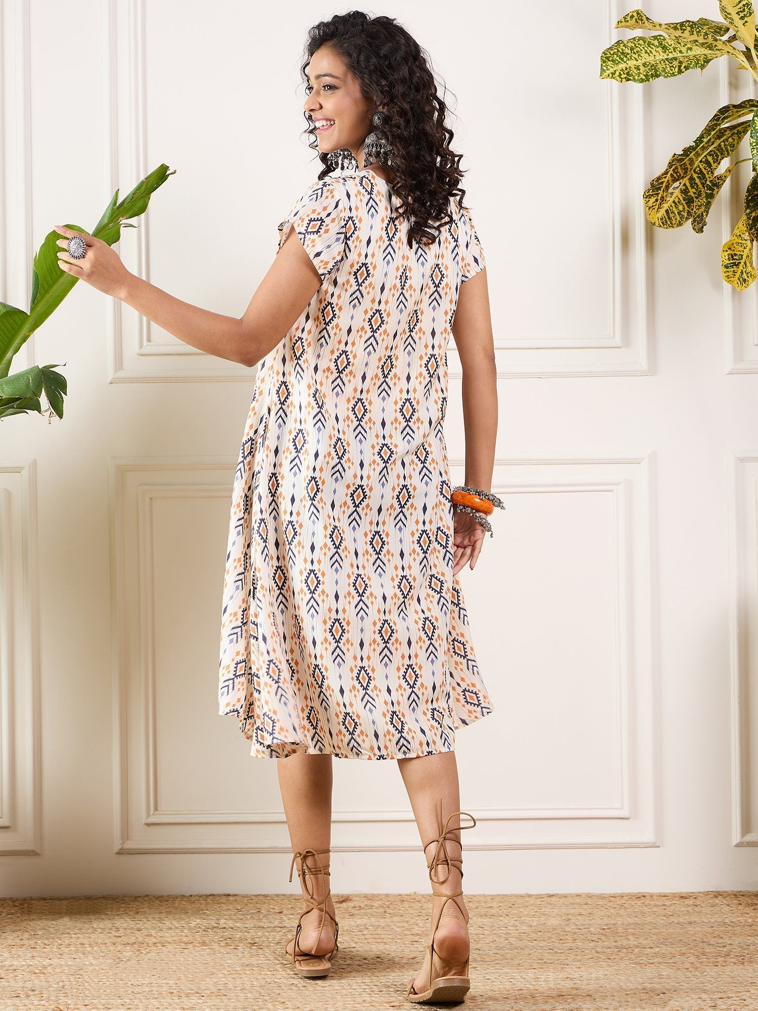 InWeave Off White Orange Black Ikkat Print Round Neck Aline Dress - Distacart