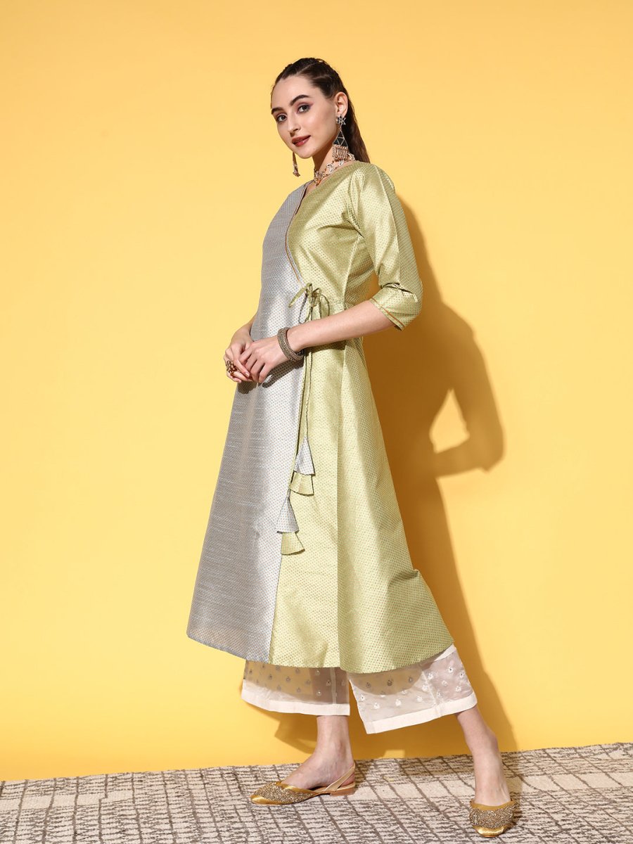 Ahalyaa Women Green Art Silk Fluid Tie-Up Kurta