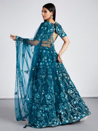 House of Panchhi Teal Net Sequins, Mirror And Thread Embroidery Lehenga Choli & Dupatta