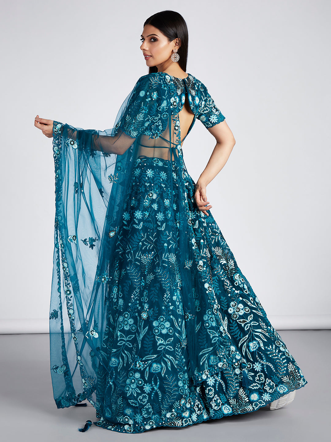 House of Panchhi Teal Net Sequins, Mirror And Thread Embroidery Lehenga Choli & Dupatta