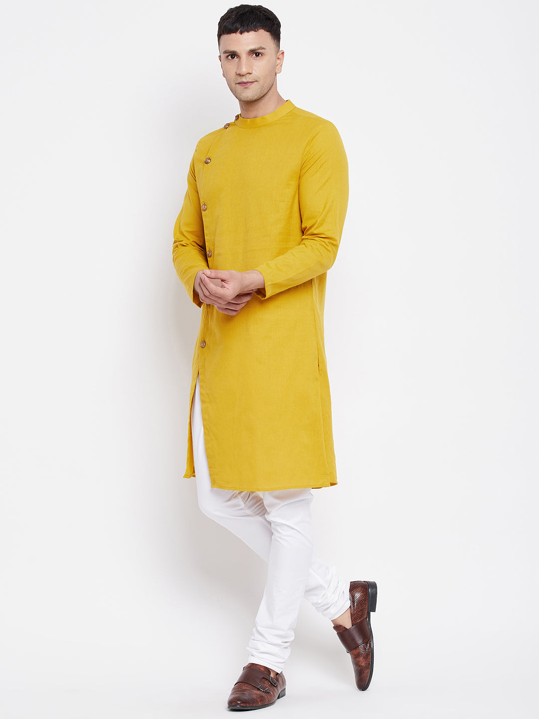 Even Apparels Yellow Pure Cotton Kurta With Band Collar - Distacart