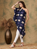 InWeave Women's Blue Elephant Print Oneshoulder Top
