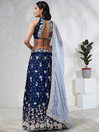 House of Panchhi Navy Blue Pure Georgette Sequins And Thread Embroidery Lehenga Choli & Dupatta