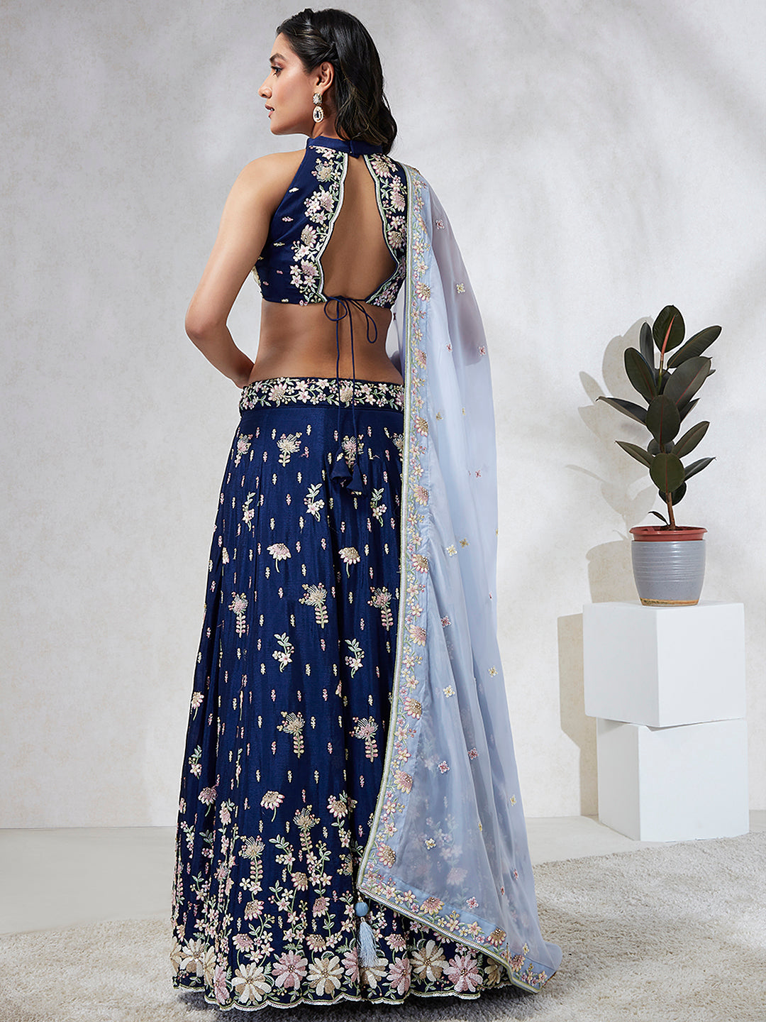 House of Panchhi Navy Blue Pure Georgette Sequins And Thread Embroidery Lehenga Choli & Dupatta