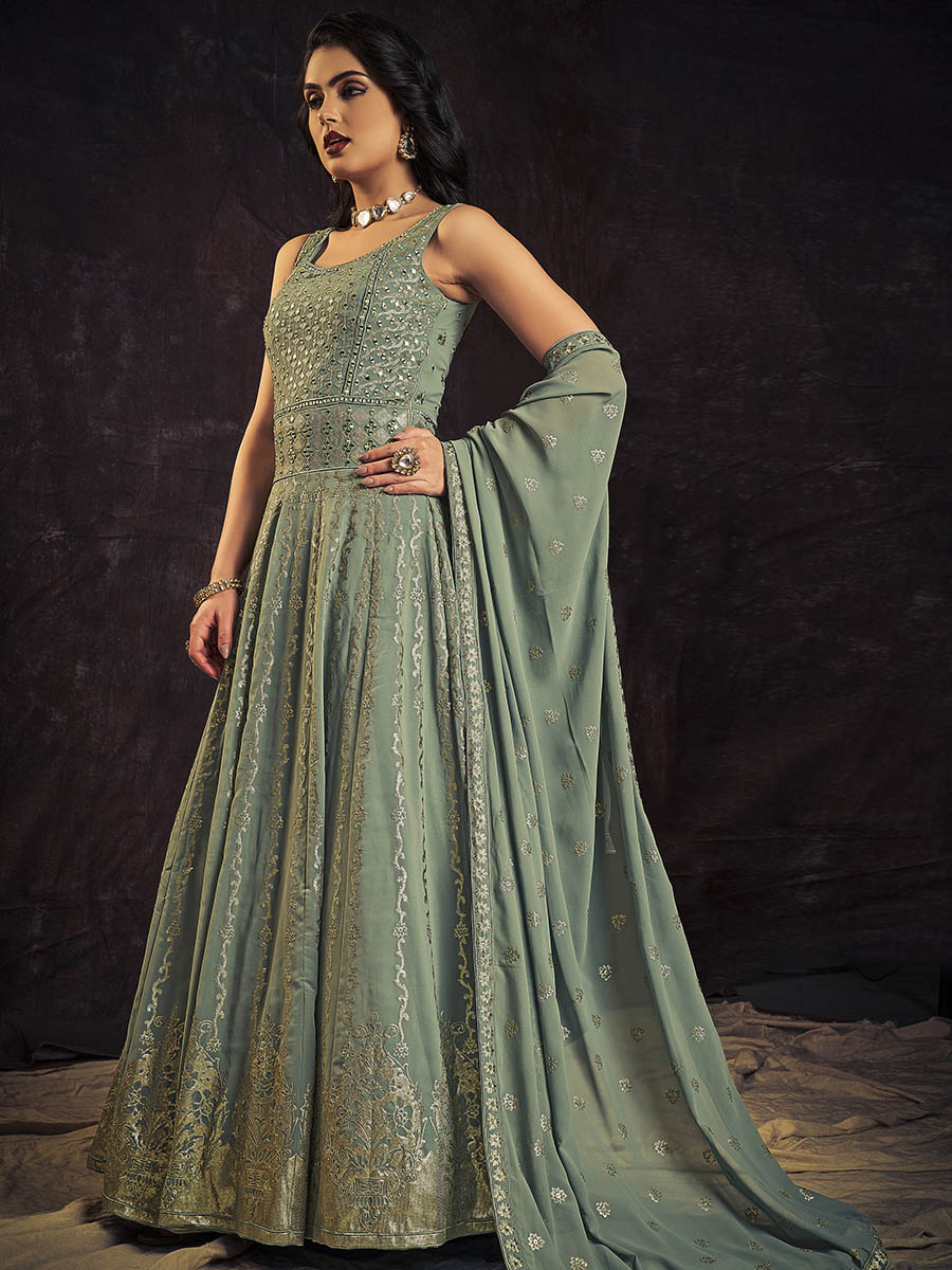 Myra Olive Real Georgette Designer Gown Style Suit - Distacart