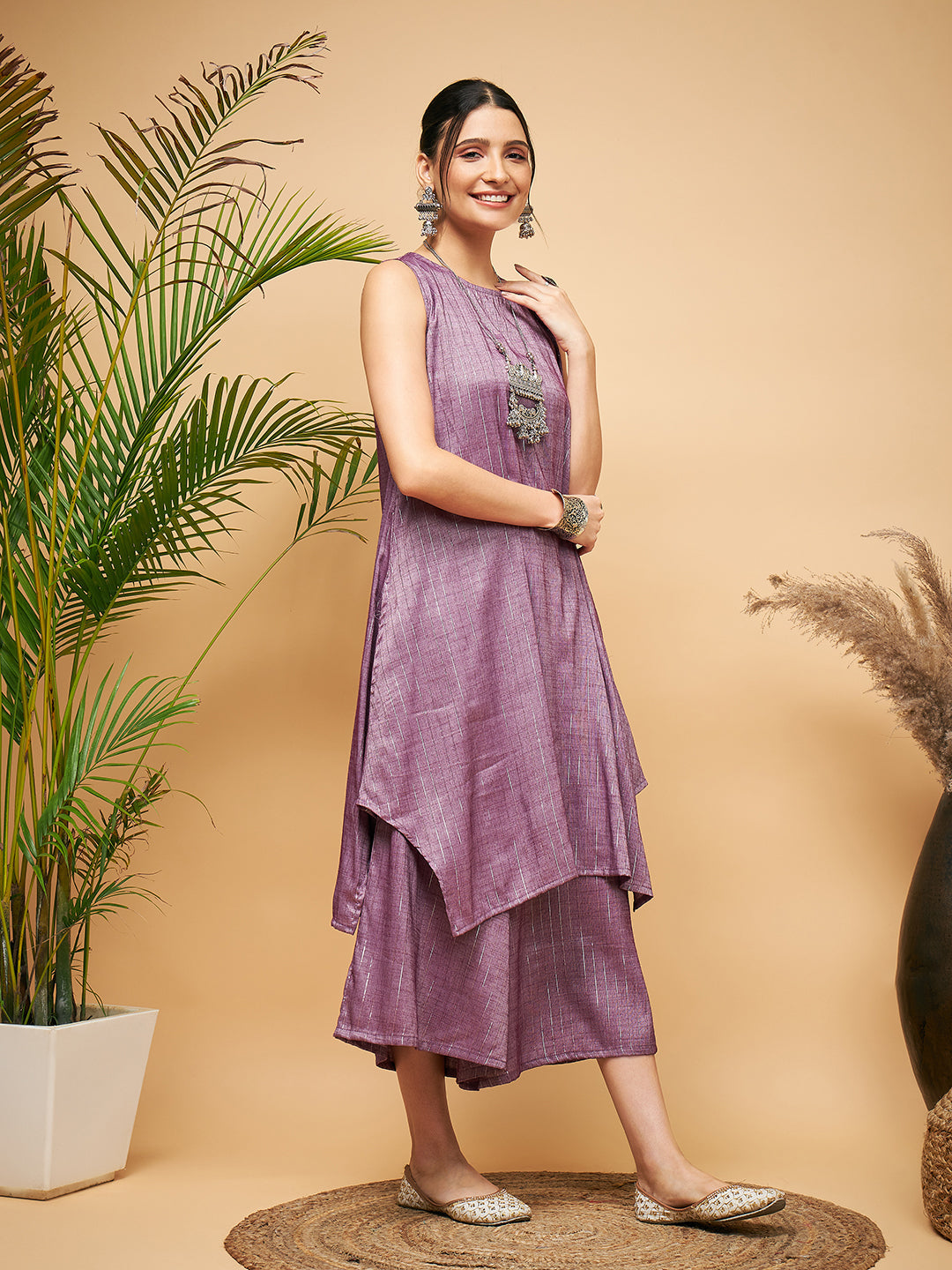 InWeave Women's Mauve Lurex Short Pallazo Kurta Set