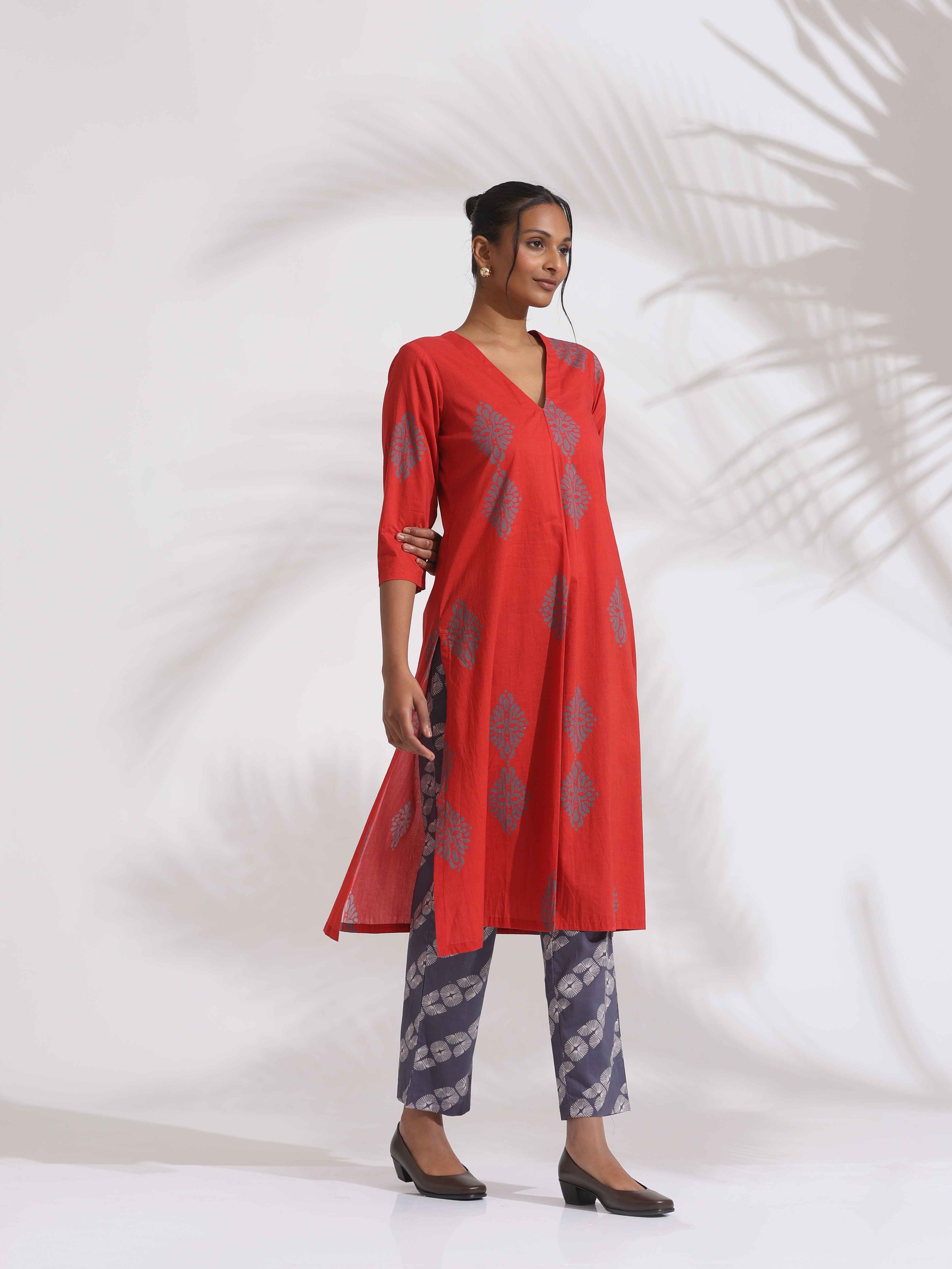 trueBrowns Red Cotton Print Kurta Set - Distacart