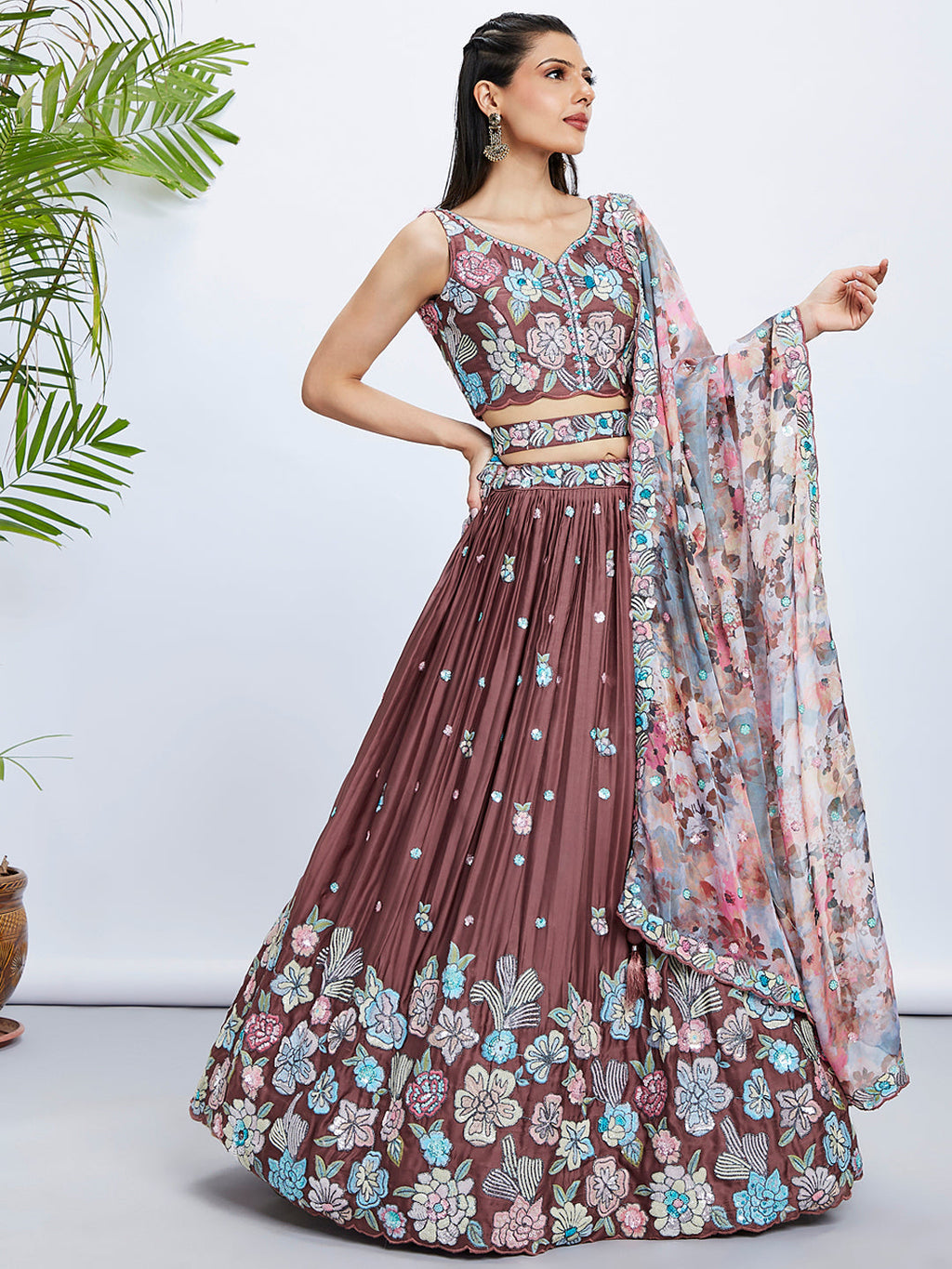 House of Panchhi Rose Gold Pure Georgette Sequins And Thread Embroidery Lehenga Choli & Dupatta