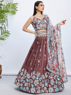 House of Panchhi Rose Gold Pure Georgette Sequins And Thread Embroidery Lehenga Choli & Dupatta