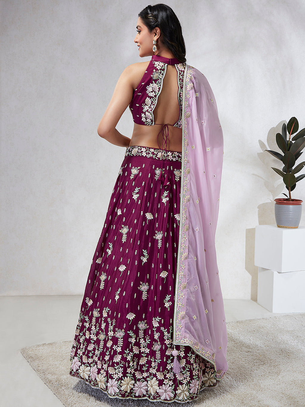 House of Panchhi Burgundy Pure Georgette Sequins And Thread Embroidery Lehenga Choli & Dupatta