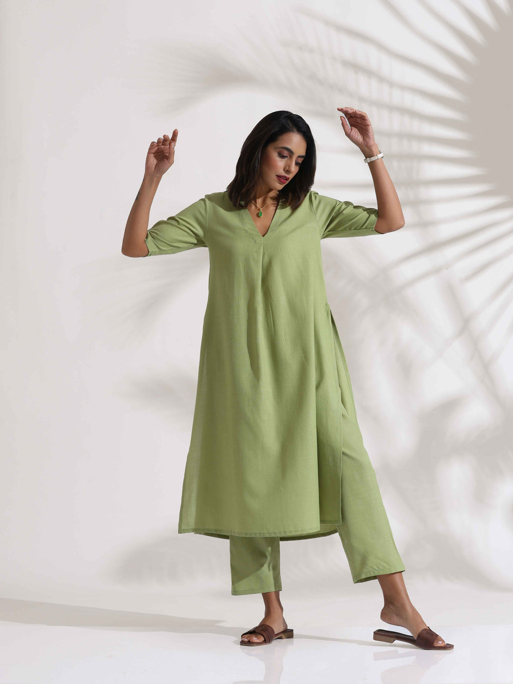 trueBrowns Green Slub Kurta Set - Distacart