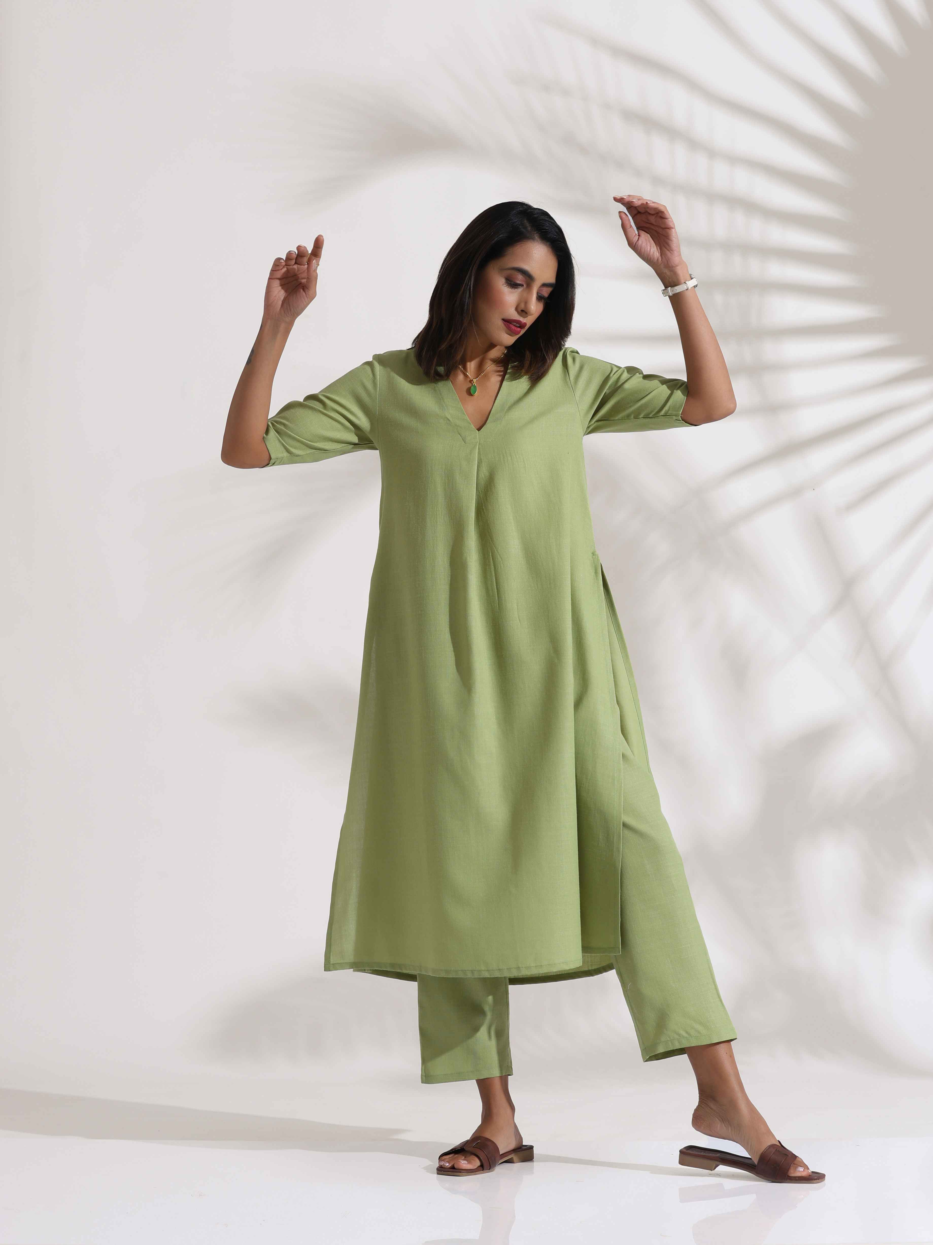 trueBrowns Green Slub Kurta Set - Distacart