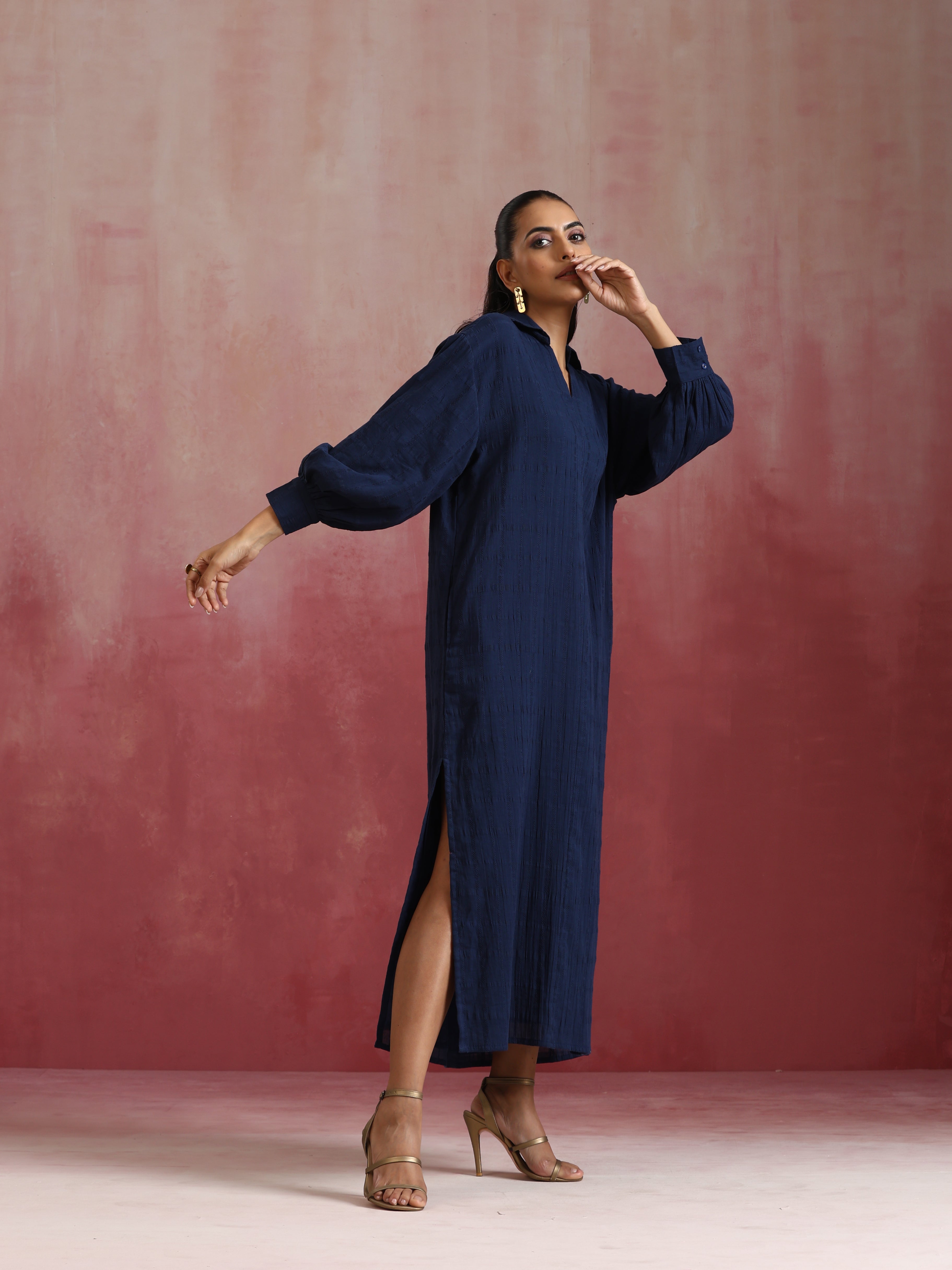 trueBrowns Dark Blue Cotton Dobby Dress - Distacart