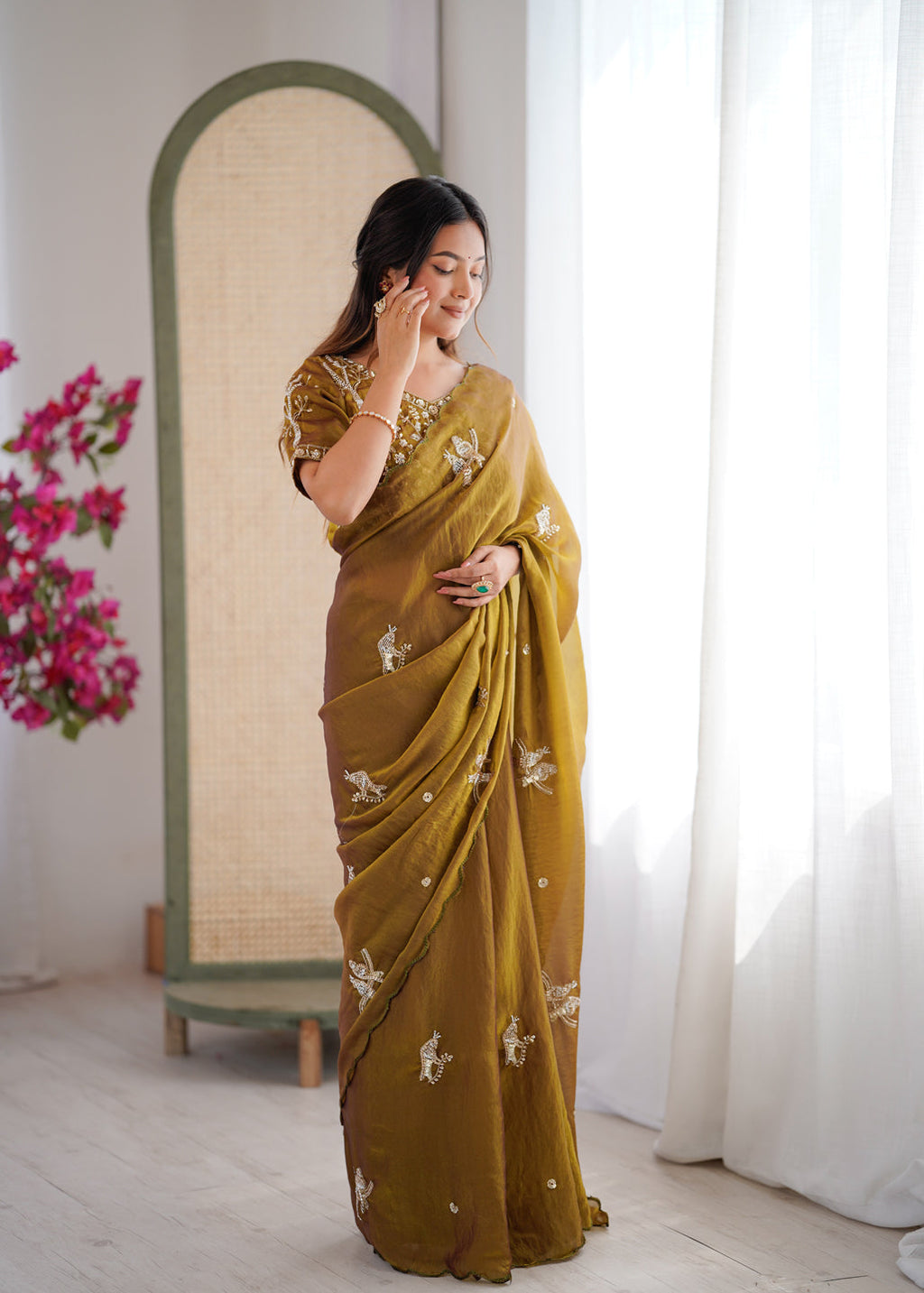 Evanik Mehendi Mos Silk With Handwork Butterfly Design Saree With Unstitched Blouse - Distacart