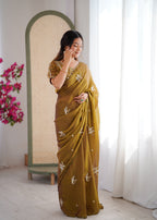 Evanik Mehendi Mos Silk With Handwork Butterfly Design Saree With Unstitched Blouse - Distacart