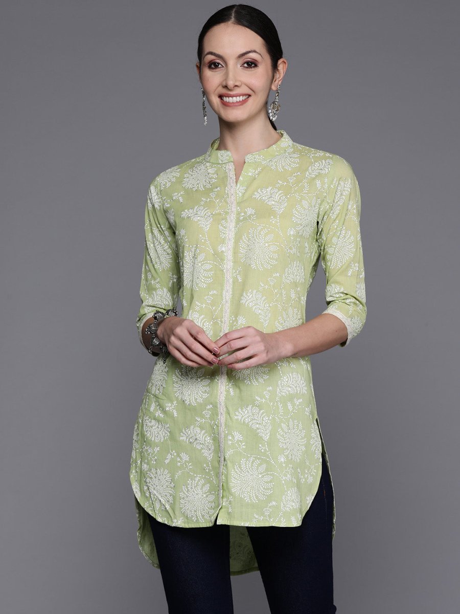 Ahalyaa Mandarin Collar Floral Printed Tunic with Lace Inserts Detail
