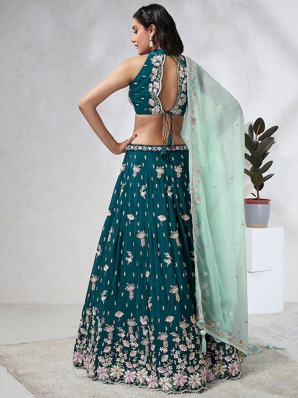 House of Panchhi Green Pure Georgette Sequins And Thread Embroidery Lehenga Choli & Dupatta