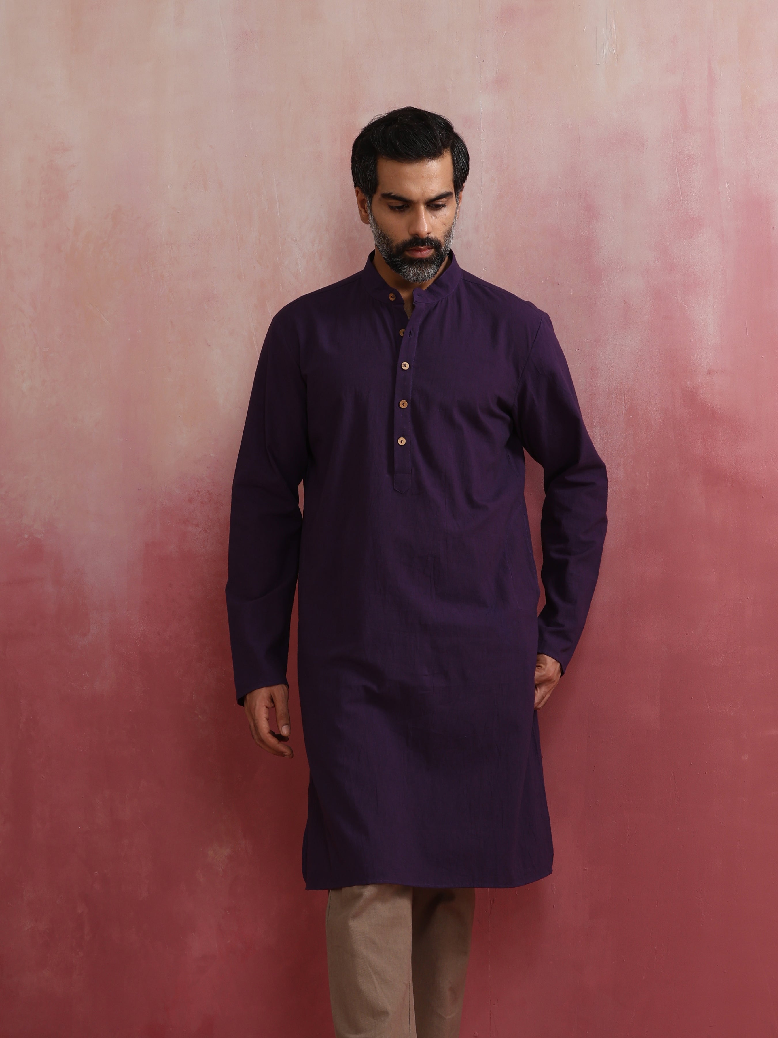trueBrowns Men's Purple Mandarin Collar Kurta
