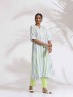 trueBrowns White Cotton Multi Stripe Flared Kurta Set - Distacart