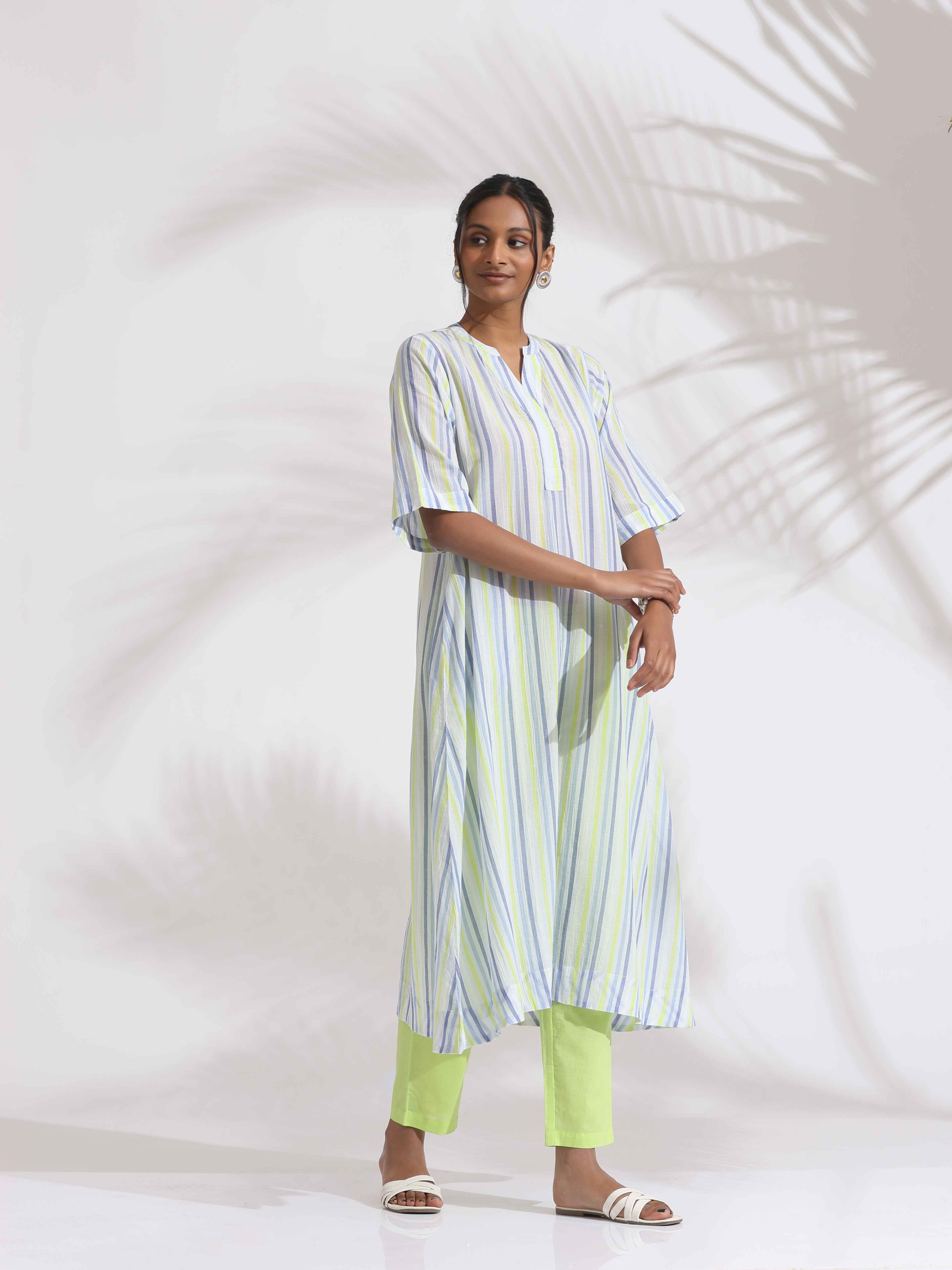 trueBrowns White Cotton Multi Stripe Flared Kurta Set - Distacart