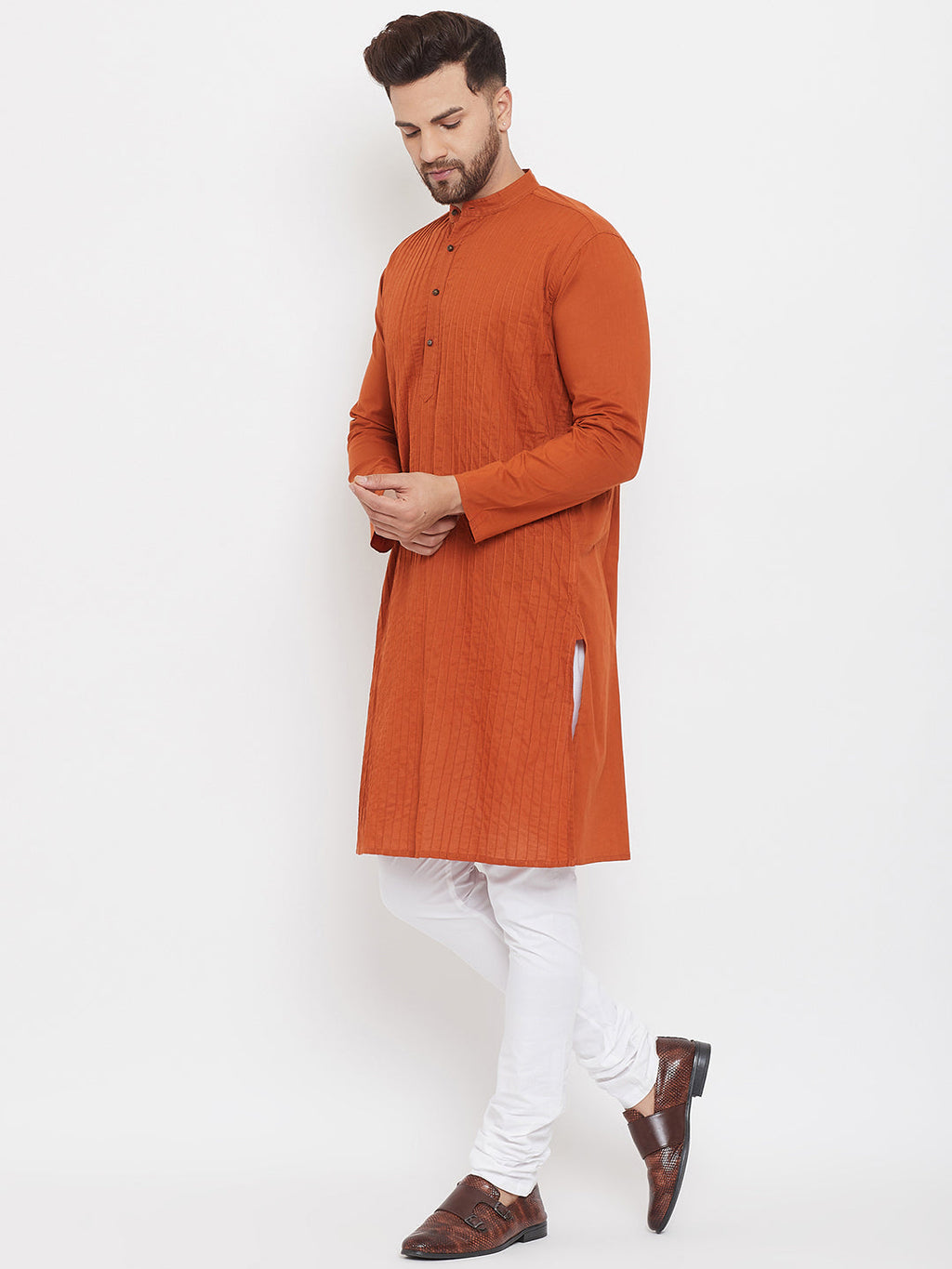 Even Apparels Rust Pure Cotton Kurta With Band Collar - Distacart