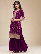 The52 Beautiful Embroidered Vichitra Silk Fabric Straight Kurta, Palazzo and Dupatta Set - Distacart