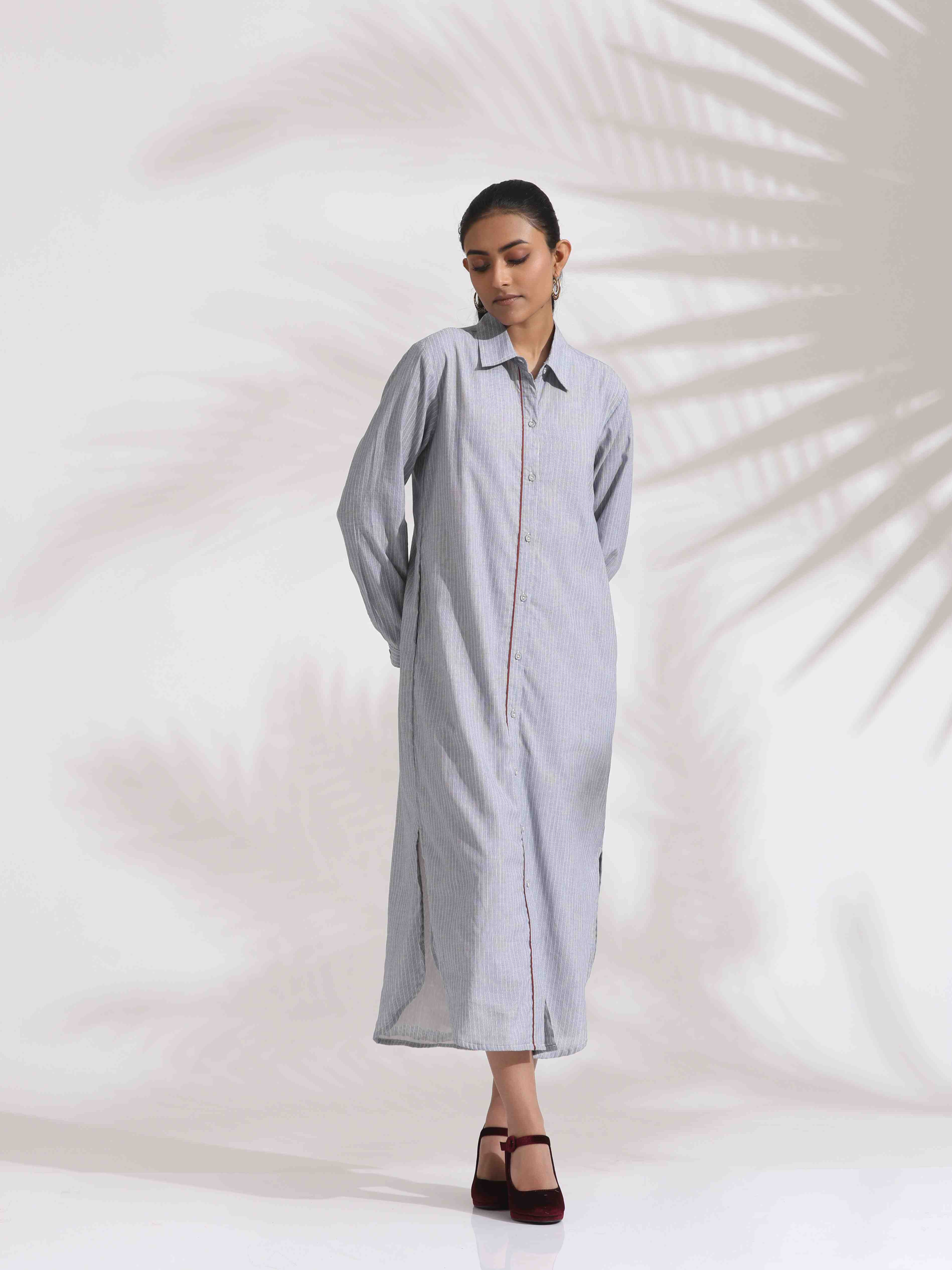 trueBrowns Grey Stripe Cotton Shirt Dress - Distacart