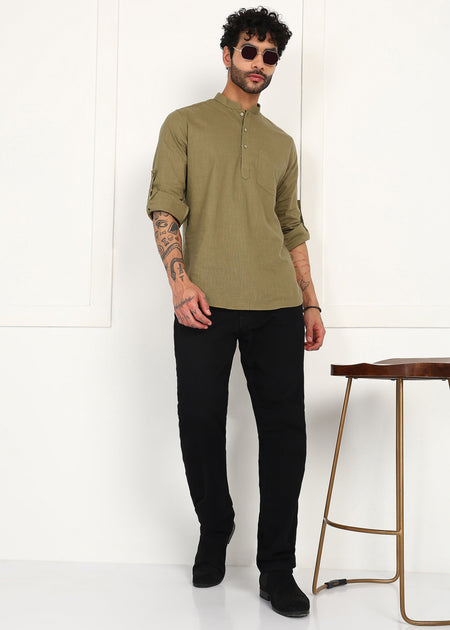 Fabmade Olive Root Linen Short Kurta