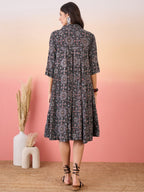 InWeave Black Maroon Ajrakh Foil Collar Flared Dress - Distacart