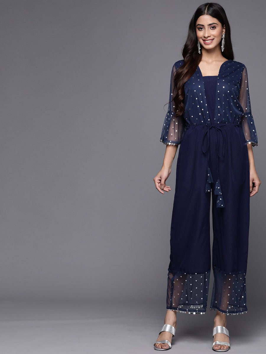 Ahalyaa Printed Bell Sleeves Crepe Basic Jumpsuit With Waist Tie-Ups - Distacart