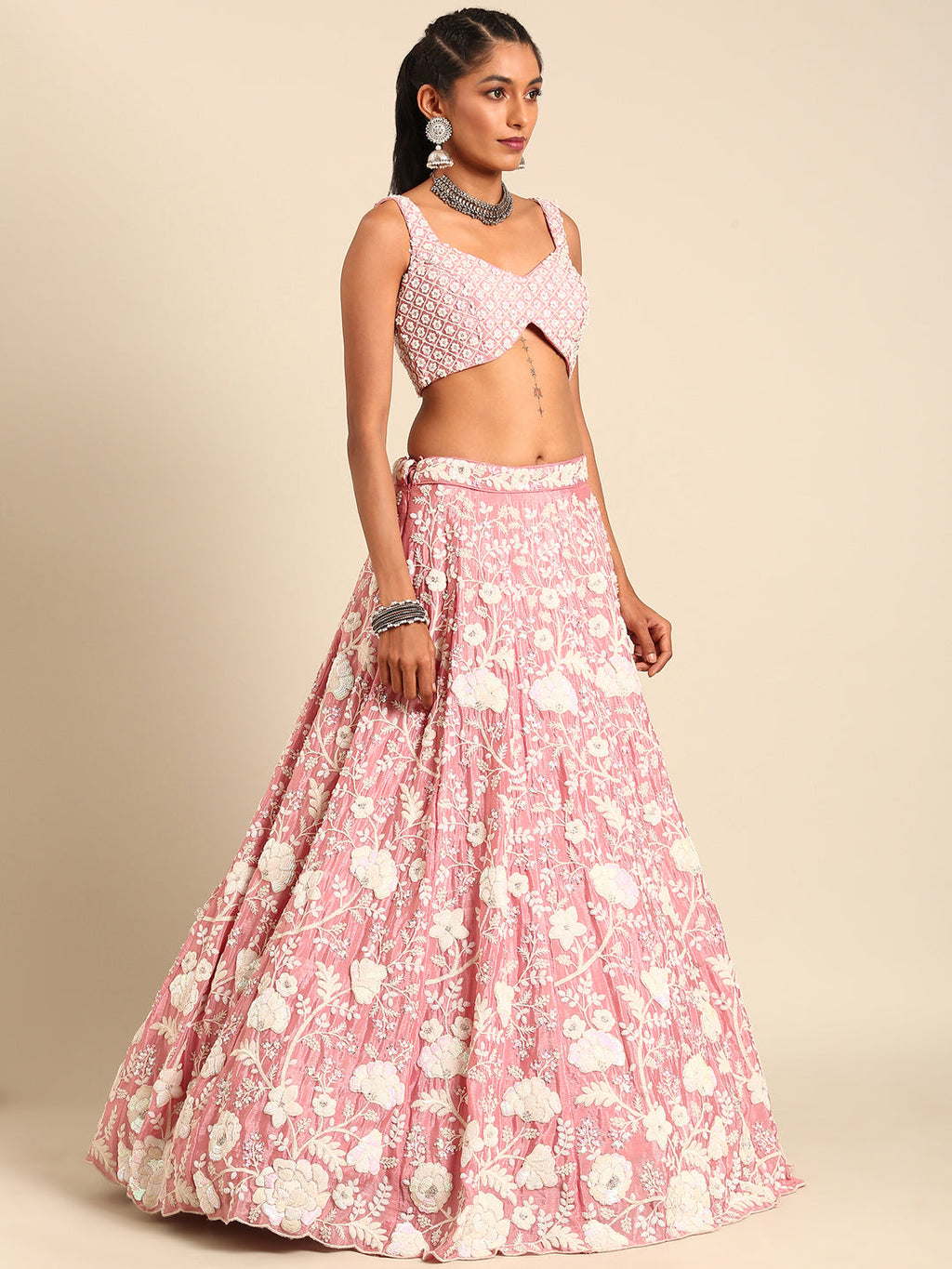 House of Panchhi Rose Gold Chinon Sequins And Zarkan Embroidery Lehenga Choli & Dupatta