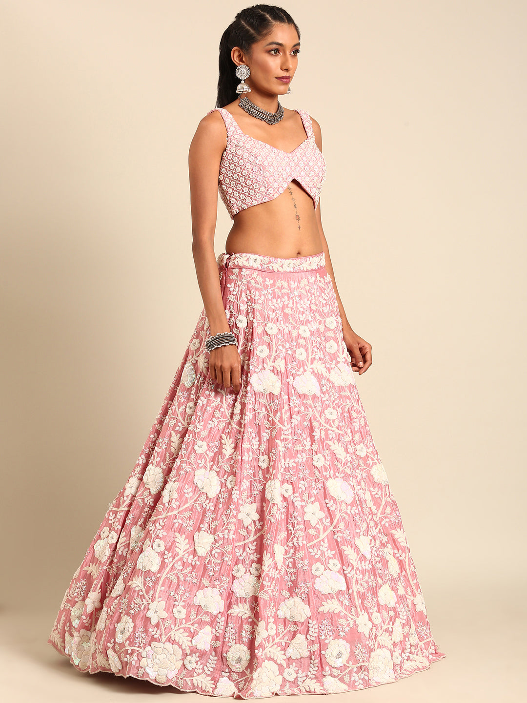 House of Panchhi Rose Gold Chinon Sequins And Zarkan Embroidery Lehenga Choli & Dupatta