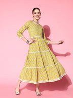 InWeave Women's Yellow Floral Print Tiered Dress With Lace - Distacart