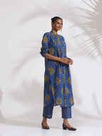 trueBrowns Blue Cotton Print Pleated Kurta Set - Distacart